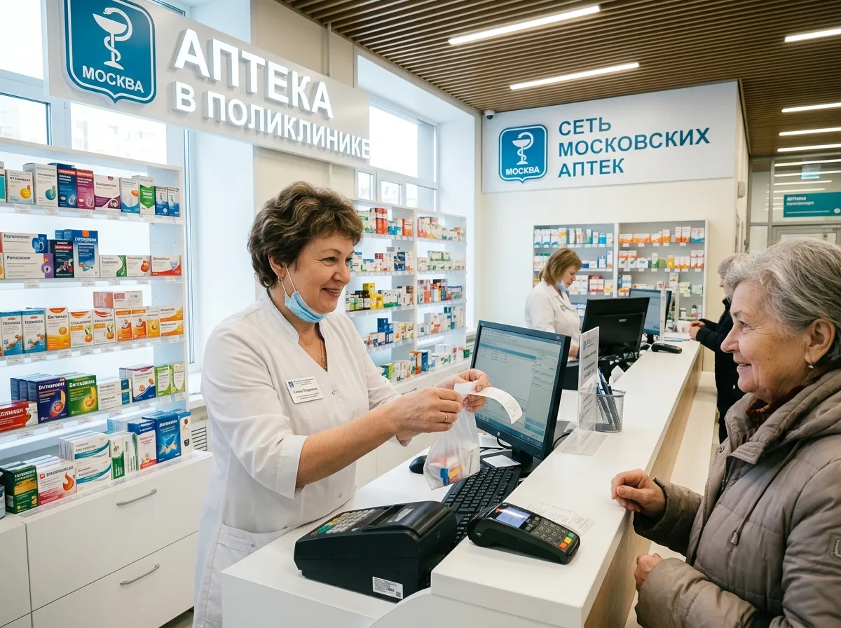 Сеть аптек при поликлиниках Москвы: фармацевт за стойкой, светлый торговый зал, профессиональная атмосфера