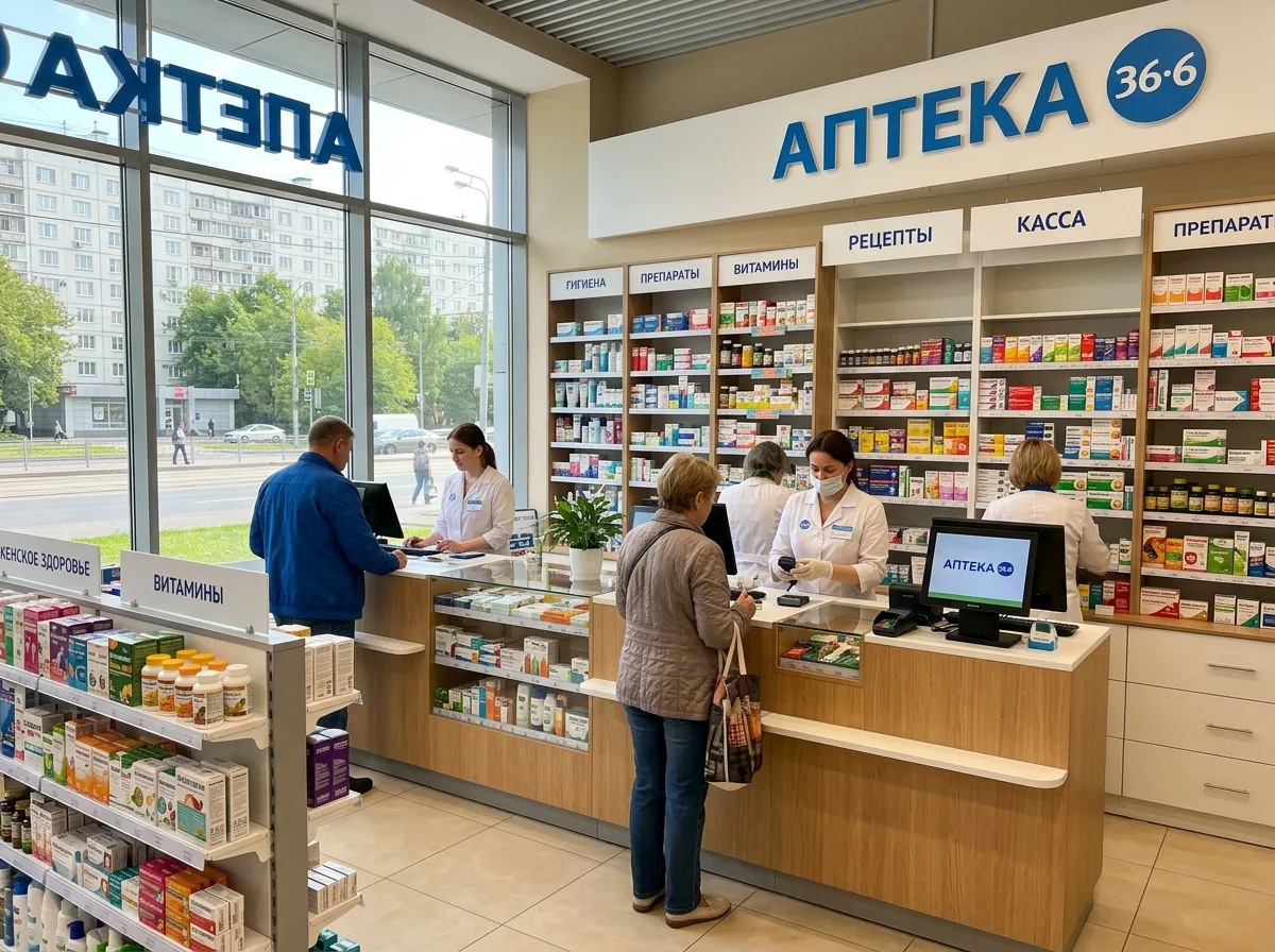 Действующая аптека в ЮЗАО Москвы: аккуратный торговый зал, стеллажи с товарами, дневное освещение