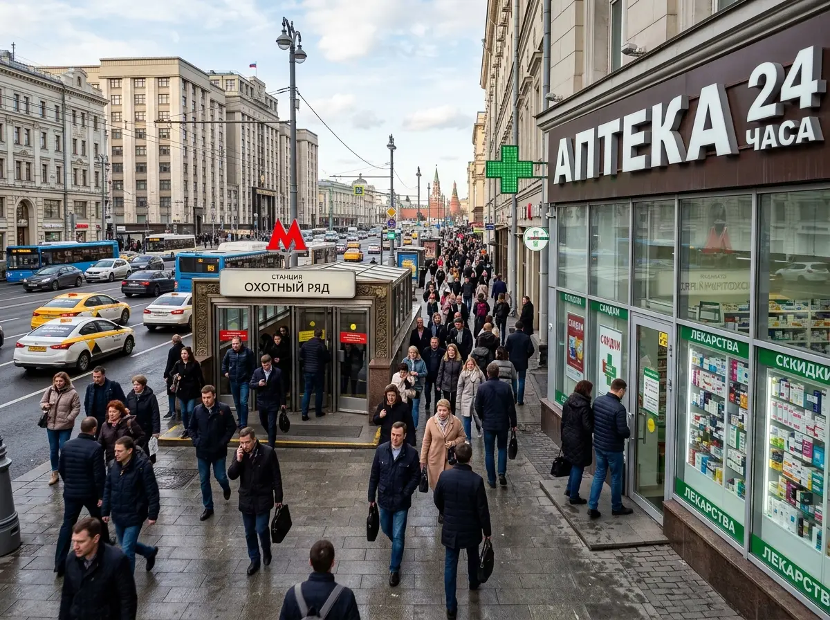 Аптека у станции метро в центре Москвы: высокий поток посетителей, витрины у входа, городская улица