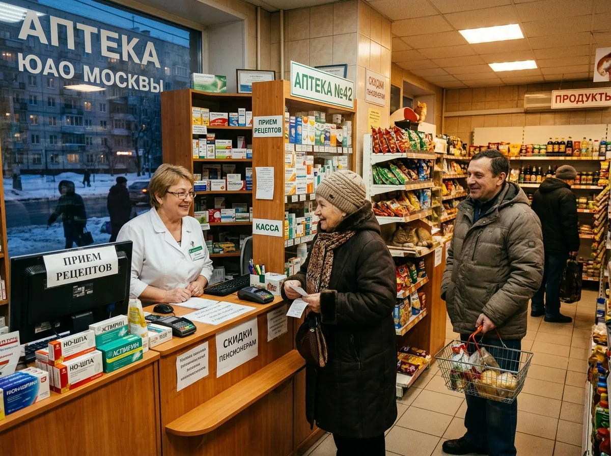 Аптека формата у дома в жилом квартале ЮАО Москвы: небольшой зал, уютная обстановка, постоянные покупатели
