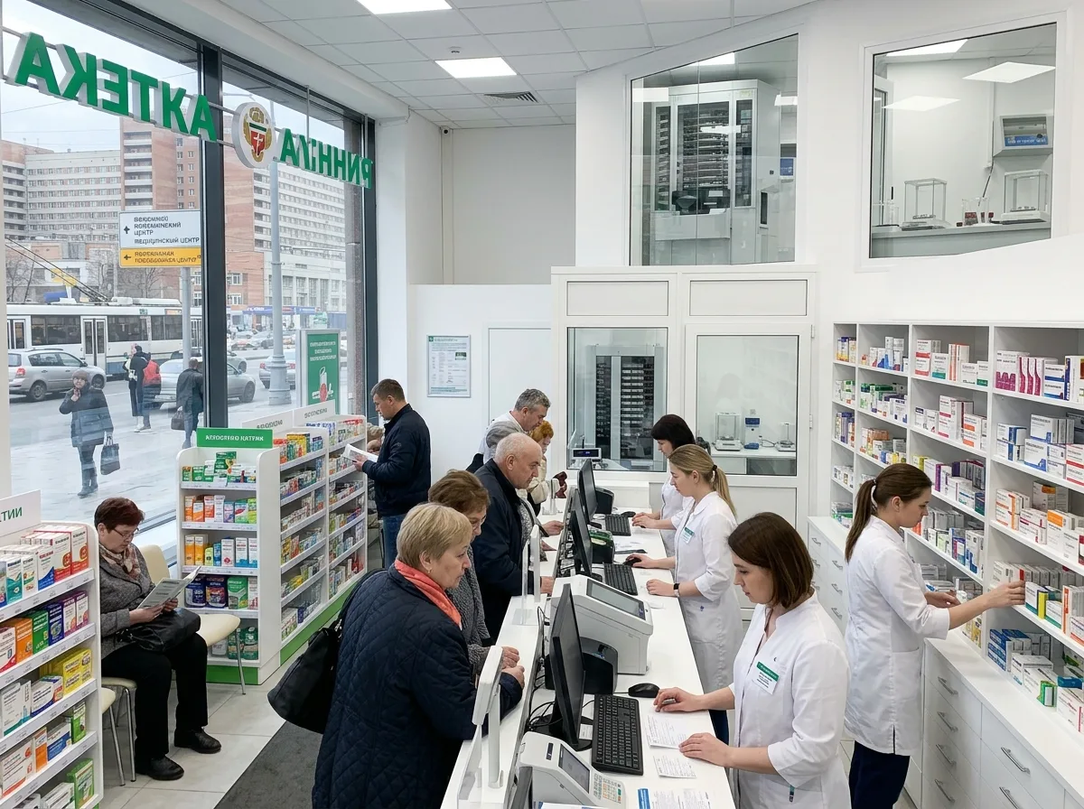 Аптека у федерального медицинского центра в Москве: профессиональное оснащение, белый интерьер, высокий трафик пациентов