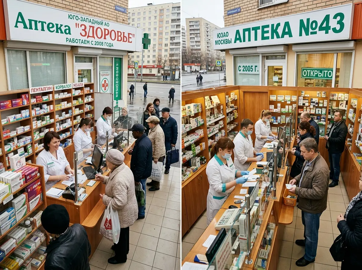 Две аптеки с десятилетней историей работы в ЮЗАО Москвы: фармацевты за прилавком, стабильный поток покупателей