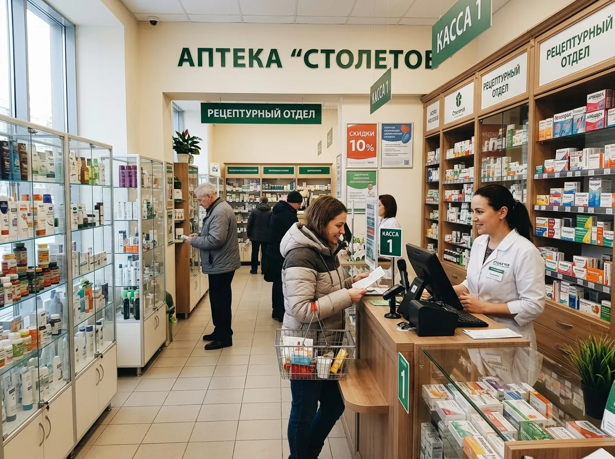 Аптека в Красногорске, Подмосковье: торговый зал, витрины с препаратами, спокойная деловая обстановка