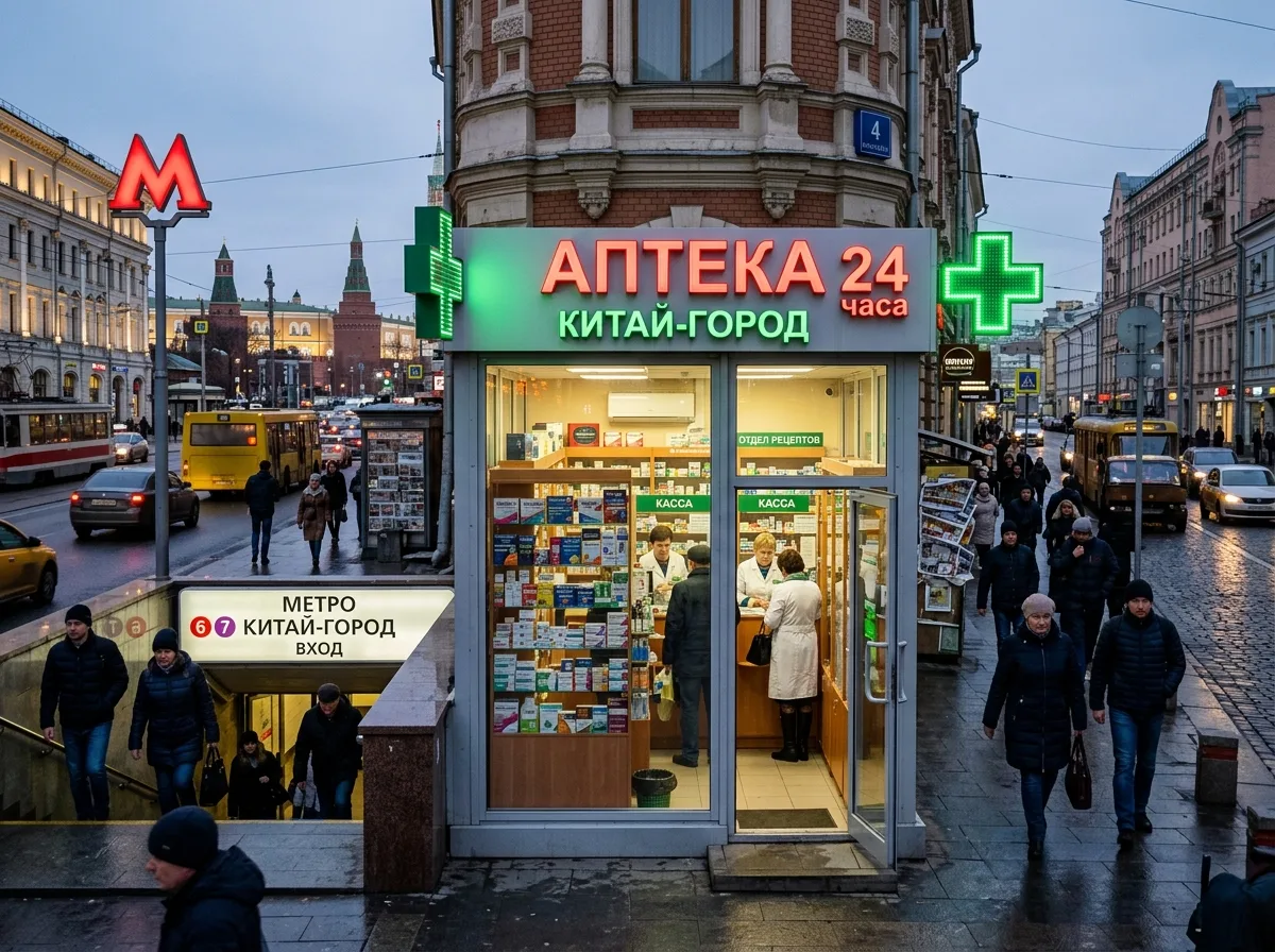 Аптечный пункт в центре Москвы вблизи метро Китай-город: компактный зал, витрины с лекарствами, городская среда