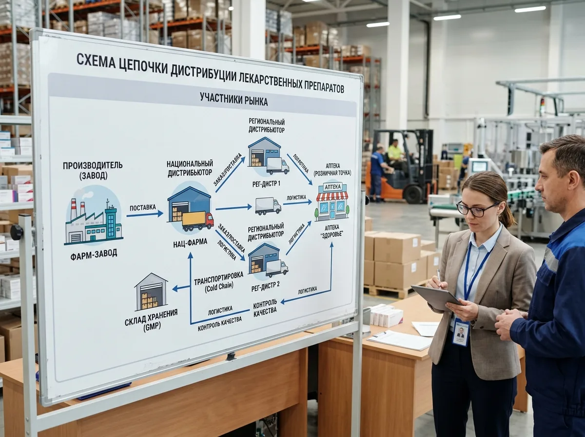 Схема цепочки дистрибуции лекарственных препаратов от производителя до аптеки с участниками рынка