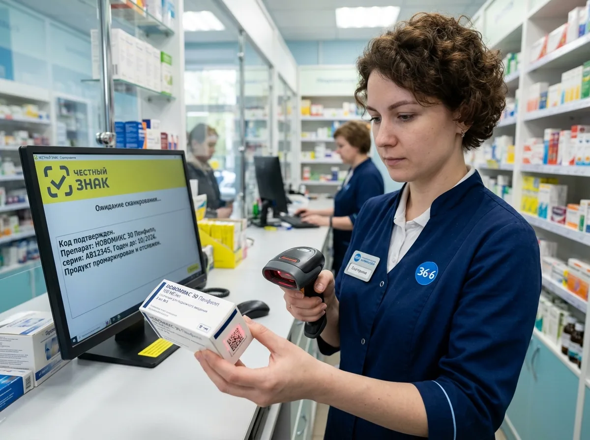Сканирование кода маркировки DataMatrix на упаковке лекарственного препарата в аптеке системой Честный знак